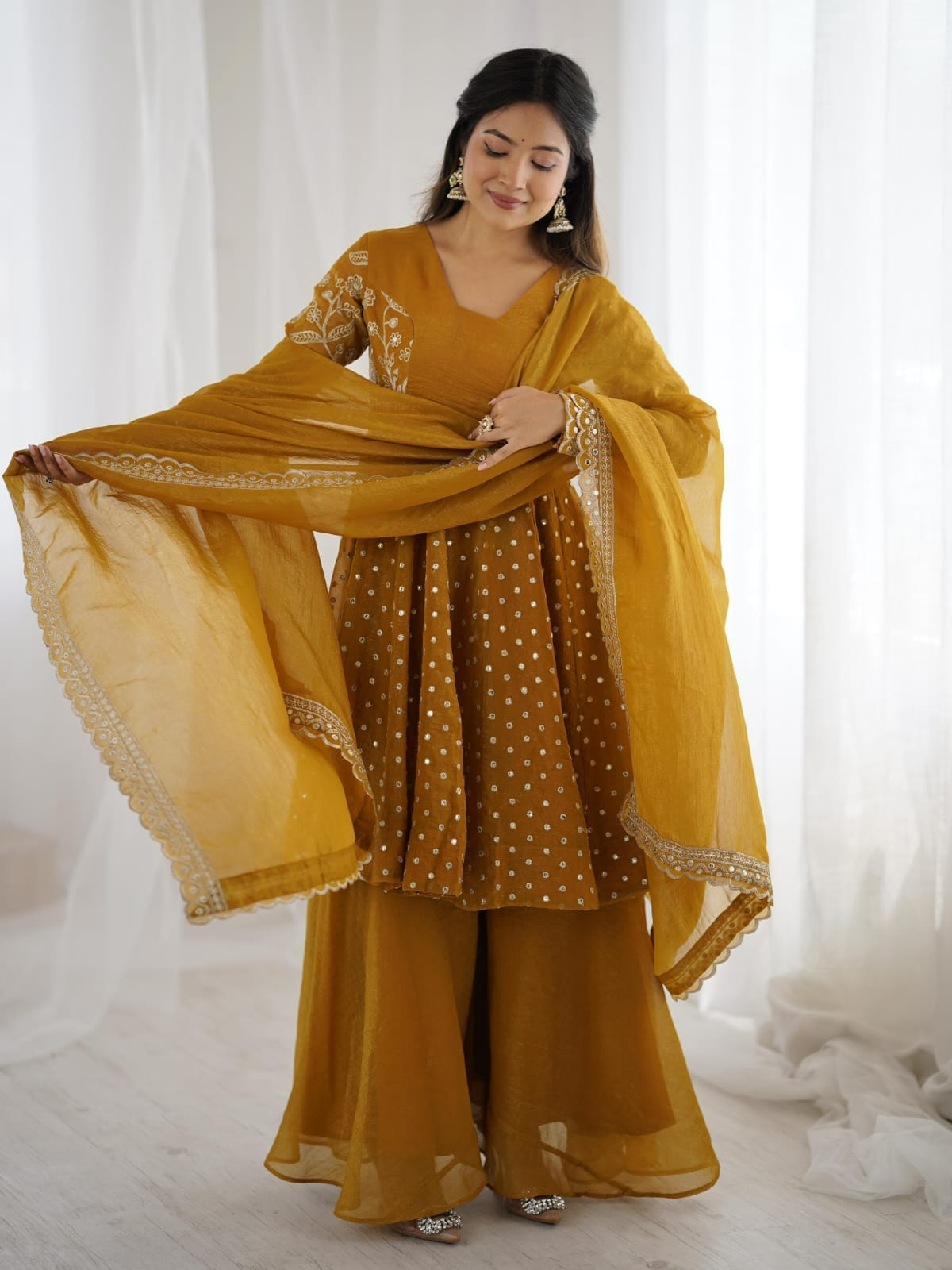 Mustard Yellow Embroidery Sequence Work Sharara set
